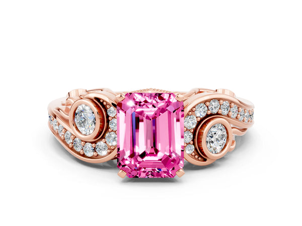Rose gold Emerald Cut Pink Sapphire Solitaire Ring with Milgrain Pavé Band and Four-Prong Setting
