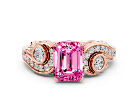Rose gold Emerald Cut Pink Sapphire Solitaire Ring with Milgrain Pavé Band and Four-Prong Setting_24