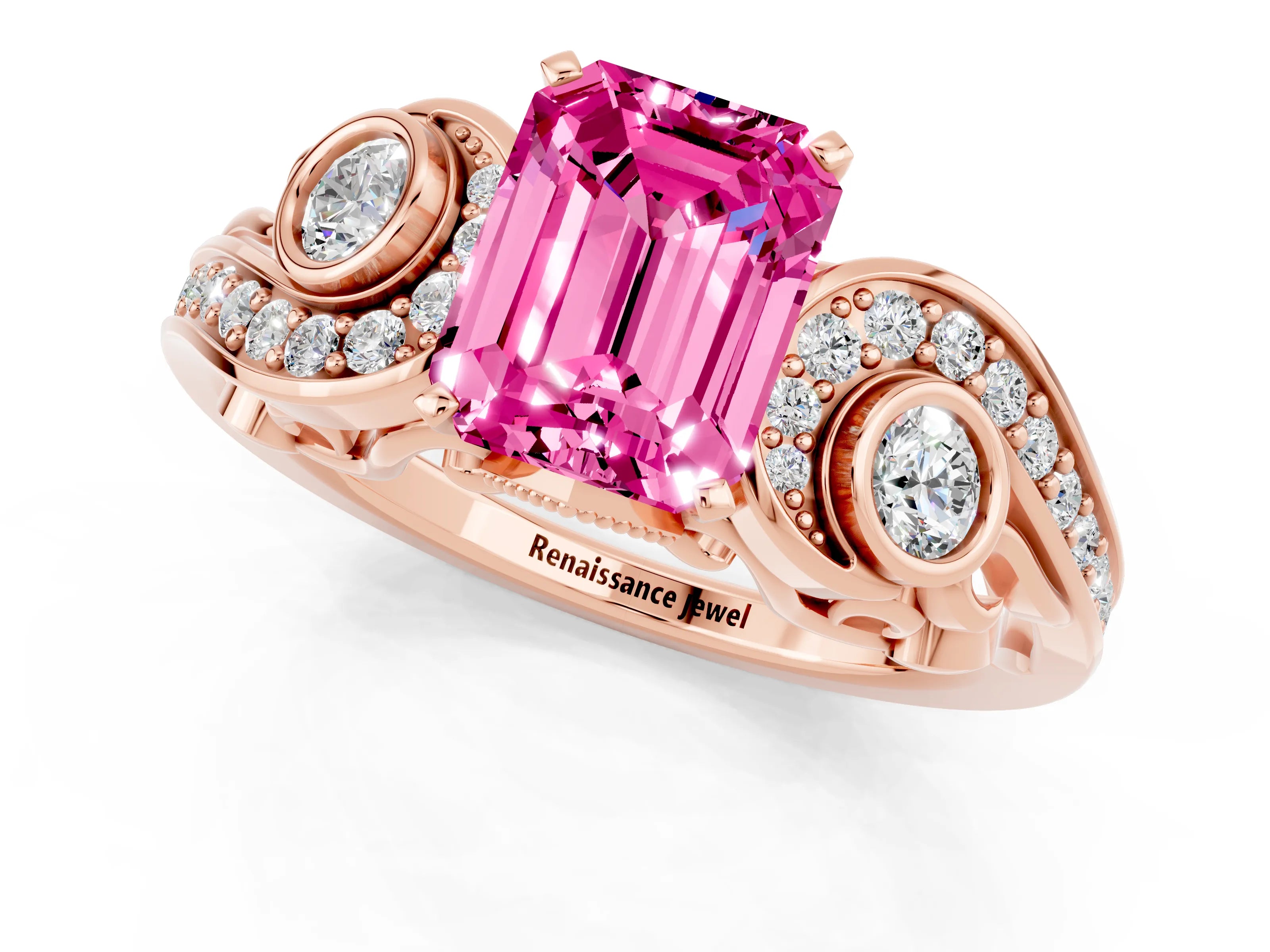 Rose gold Emerald Cut Pink Sapphire Solitaire Ring with Milgrain Pavé Band and Four-Prong Setting_25