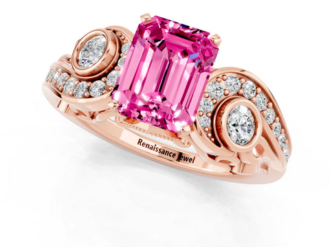 Rose gold Emerald Cut Pink Sapphire Solitaire Ring with Milgrain Pavé Band and Four-Prong Setting_25