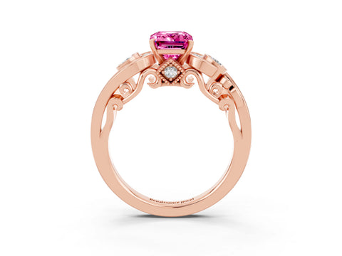 Rose gold Emerald Cut Pink Sapphire Solitaire Ring with Milgrain Pavé Band and Four-Prong Setting_27