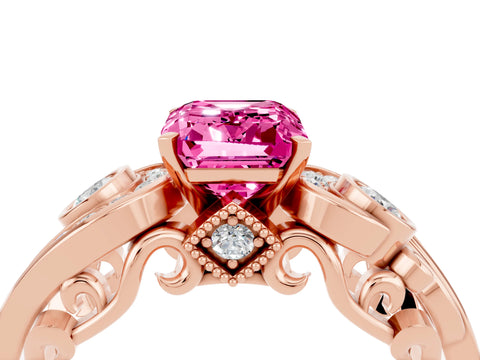 Rose gold Emerald Cut Pink Sapphire Solitaire Ring with Milgrain Pavé Band and Four-Prong Setting_28
