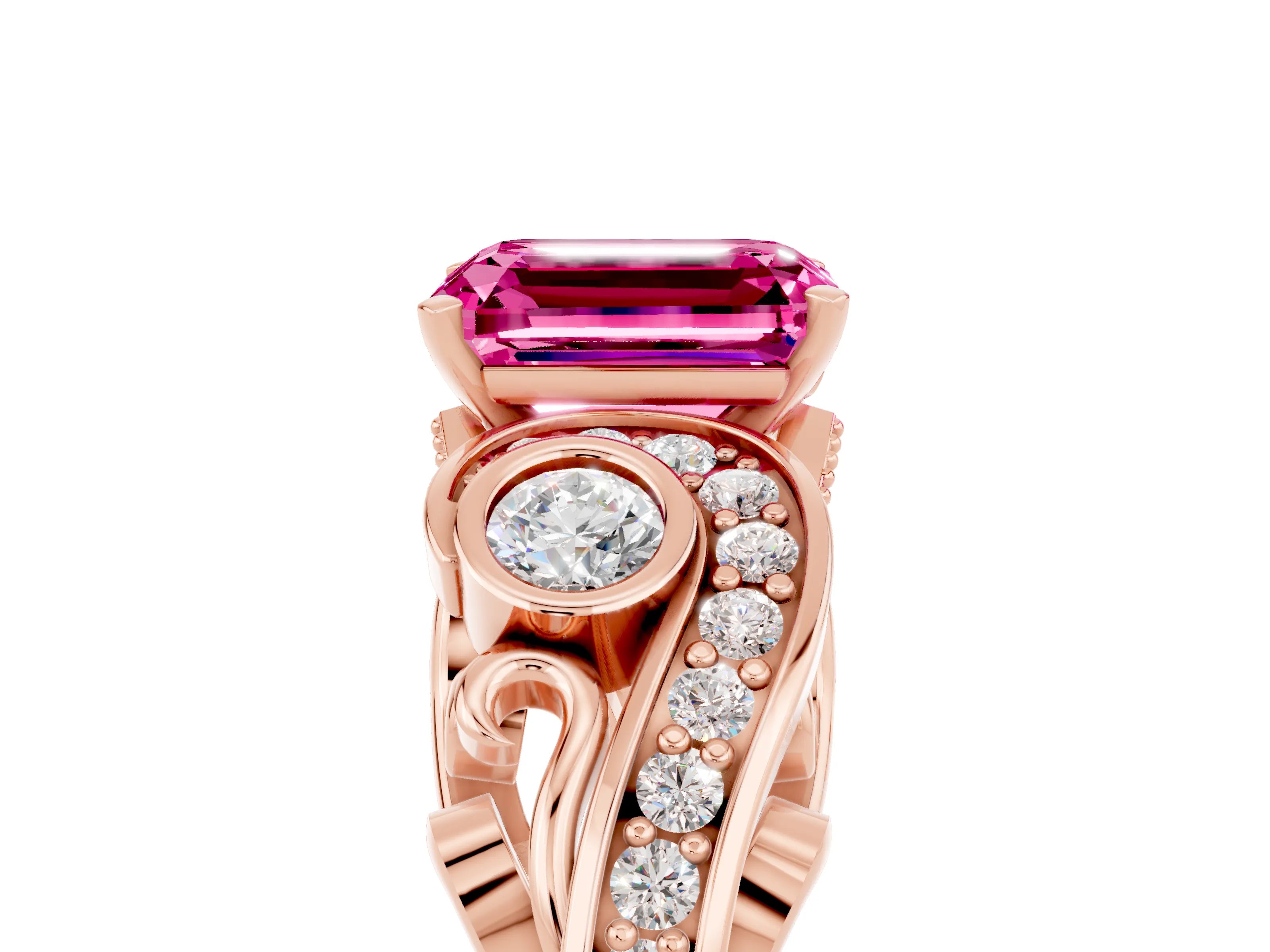 Rose gold Emerald Cut Pink Sapphire Solitaire Ring with Milgrain Pavé Band and Four-Prong Setting_29