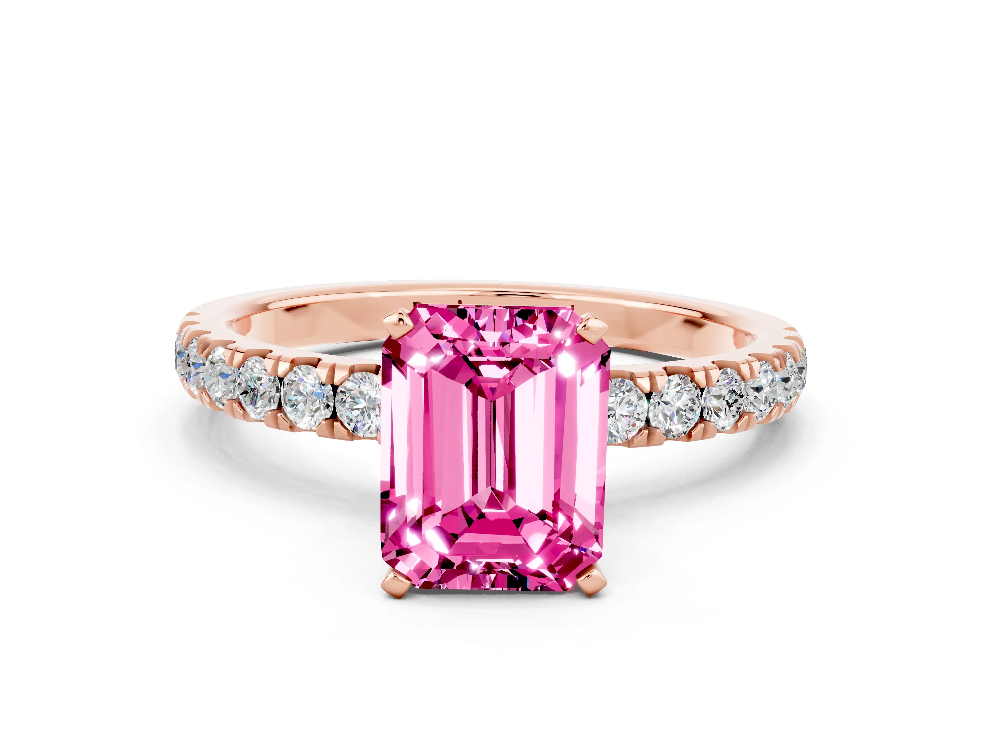 Rose gold Emerald Cut Pink Sapphire Solitaire Ring with Pavé Accents and Four-Prong Setting_24