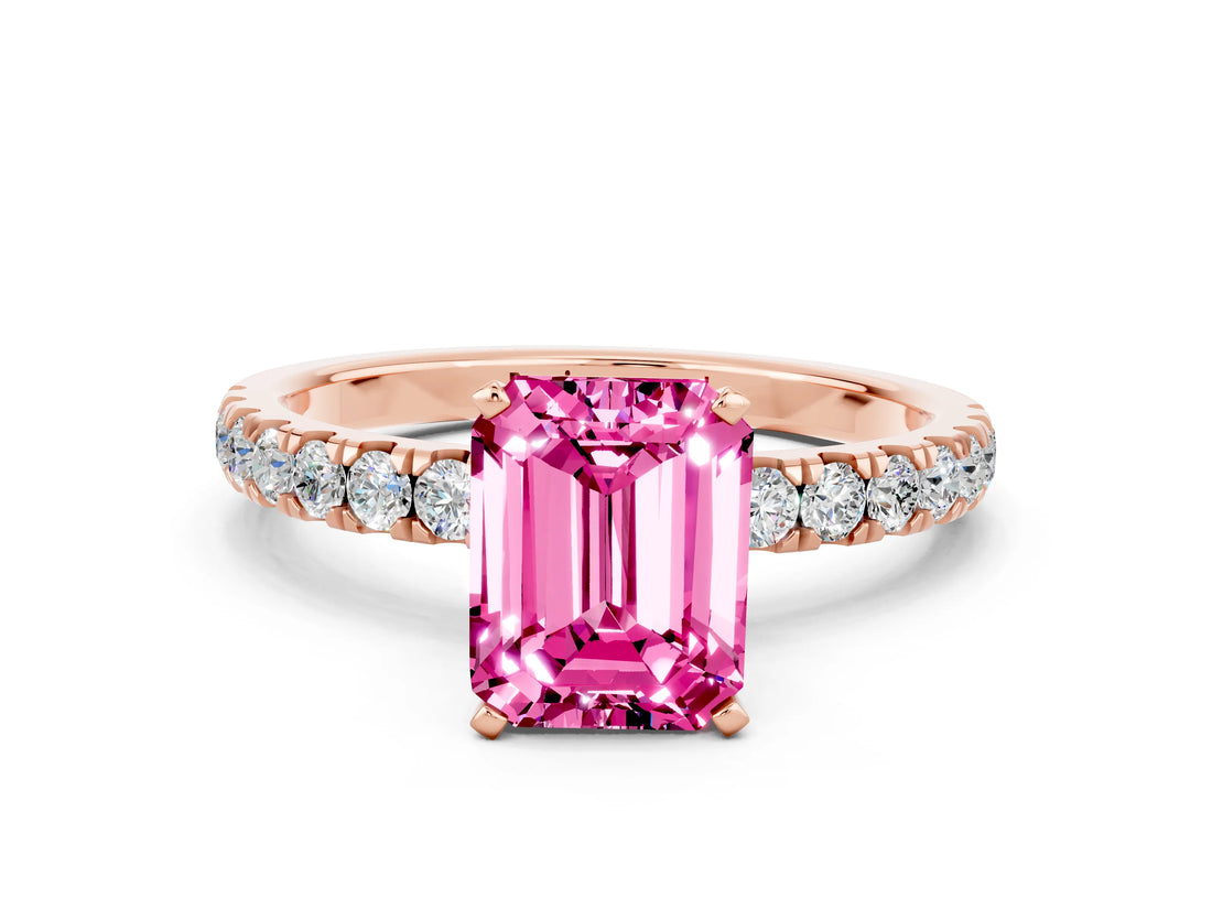 Rose gold Emerald Cut Pink Sapphire Solitaire Ring with Pavé Accents and Four-Prong Setting_24