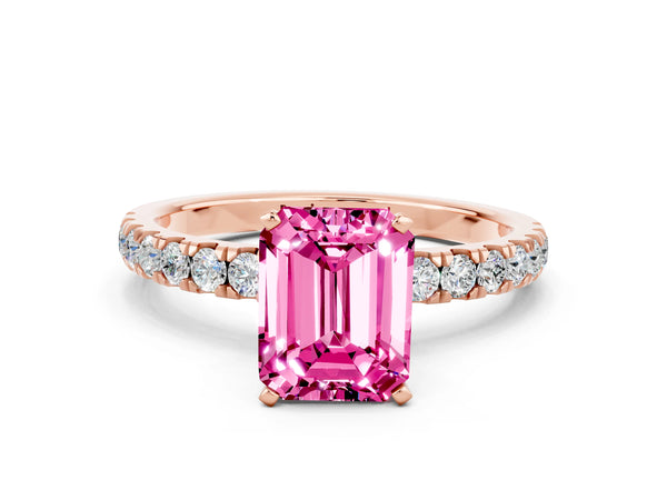 Rose gold Emerald Cut Pink Sapphire Solitaire Ring with Pavé Accents and Four-Prong Setting
