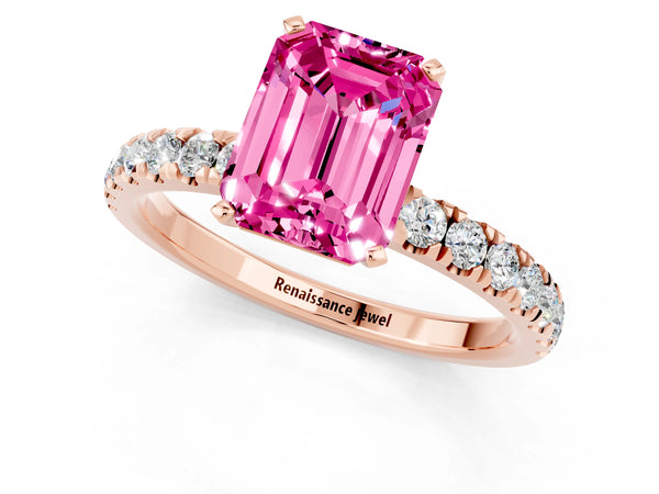 Rose gold Emerald Cut Pink Sapphire Solitaire Ring with Pavé Accents and Four-Prong Setting
