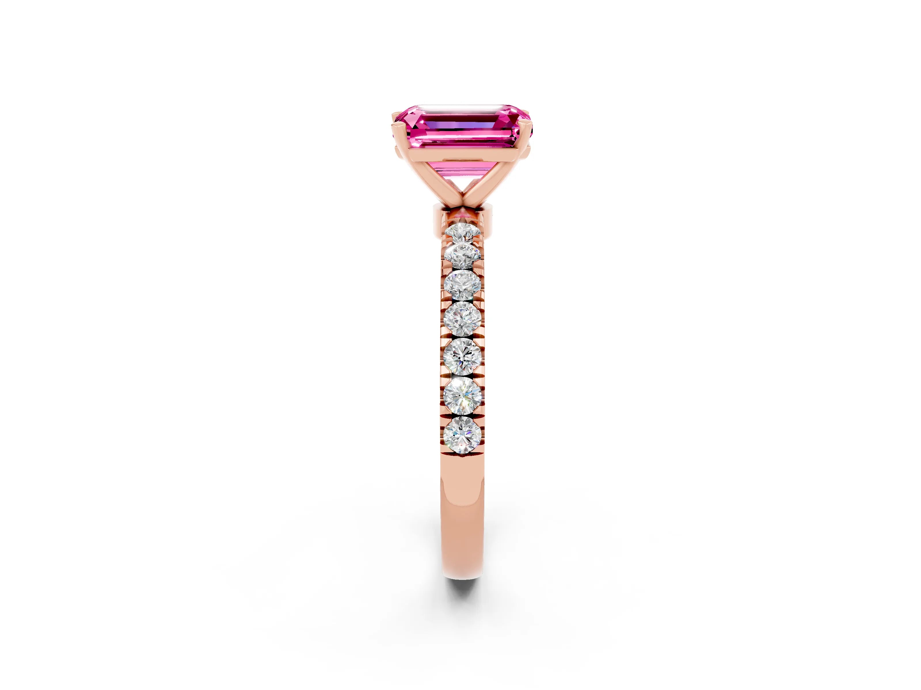 Rose gold Emerald Cut Pink Sapphire Solitaire Ring with Pavé Accents and Four-Prong Setting_26