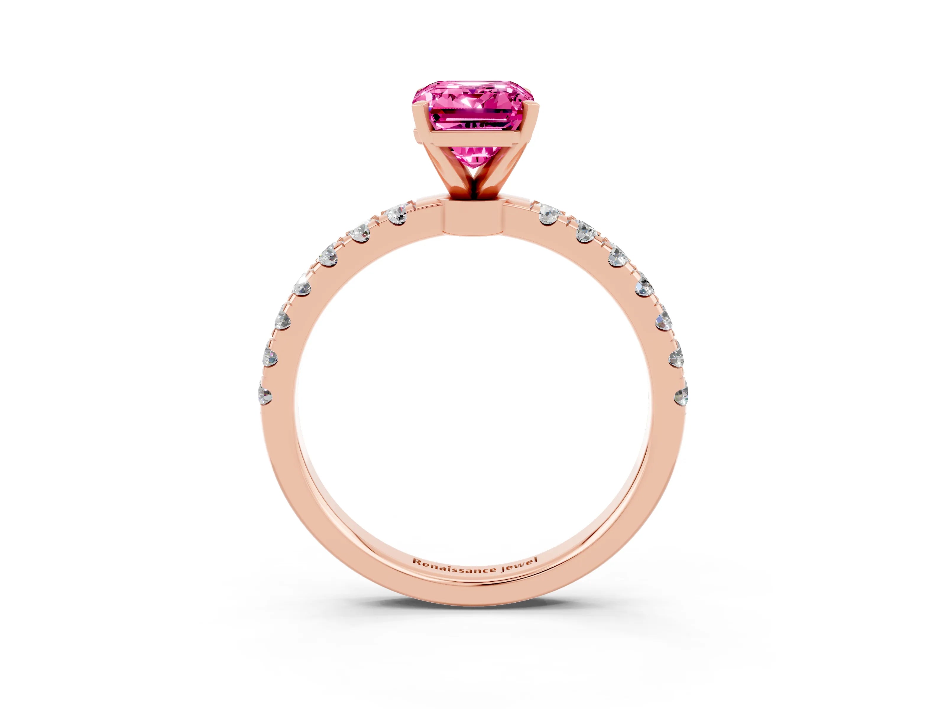 Rose gold Emerald Cut Pink Sapphire Solitaire Ring with Pavé Accents and Four-Prong Setting_27