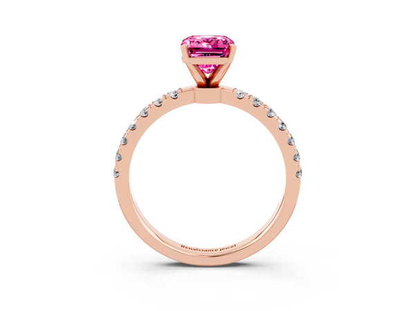 Rose gold Emerald Cut Pink Sapphire Solitaire Ring with Pavé Accents and Four-Prong Setting