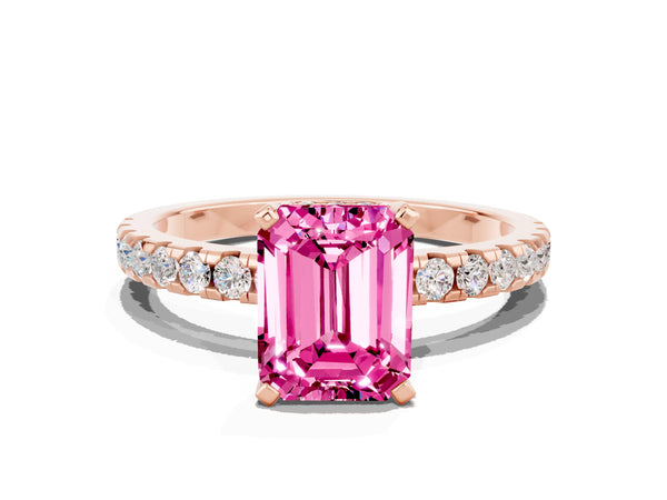 Rose gold Emerald Cut Pink Sapphire Solitaire Ring with Round  Pavé Band and Four-Prong Setting
