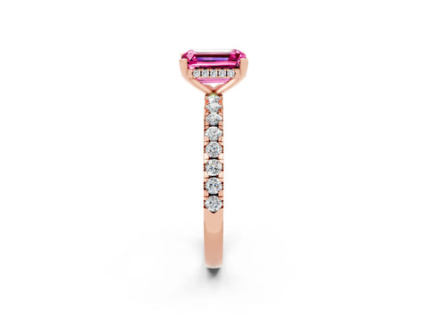 Rose gold Emerald Cut Pink Sapphire Solitaire Ring with Pavé Band and Four-Prong Setting_62