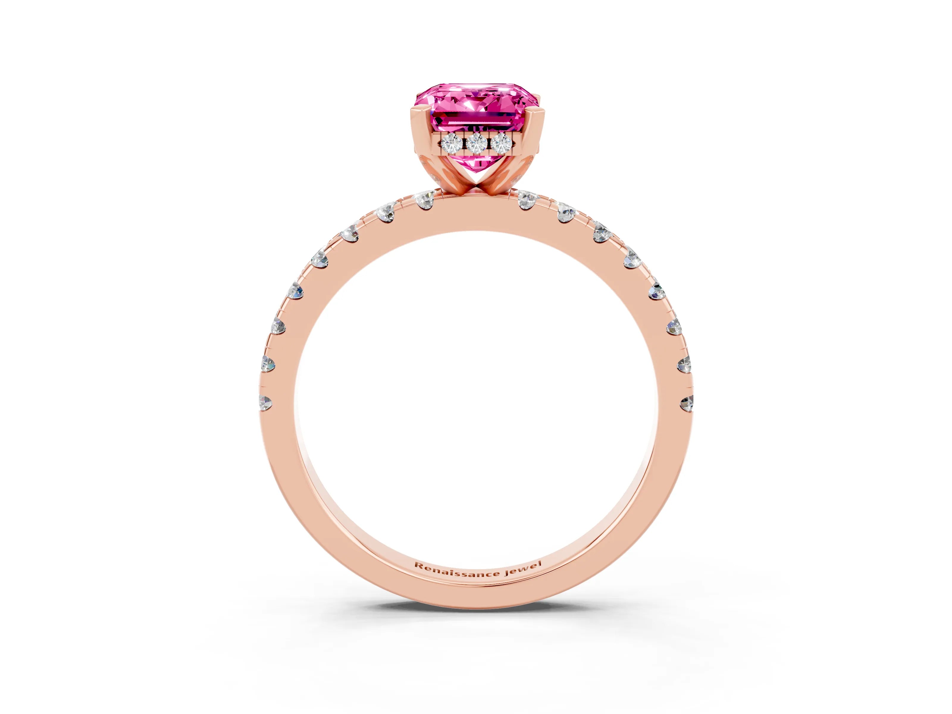 Rose gold Emerald Cut Pink Sapphire Solitaire Ring with Pavé Band and Four-Prong Setting_63