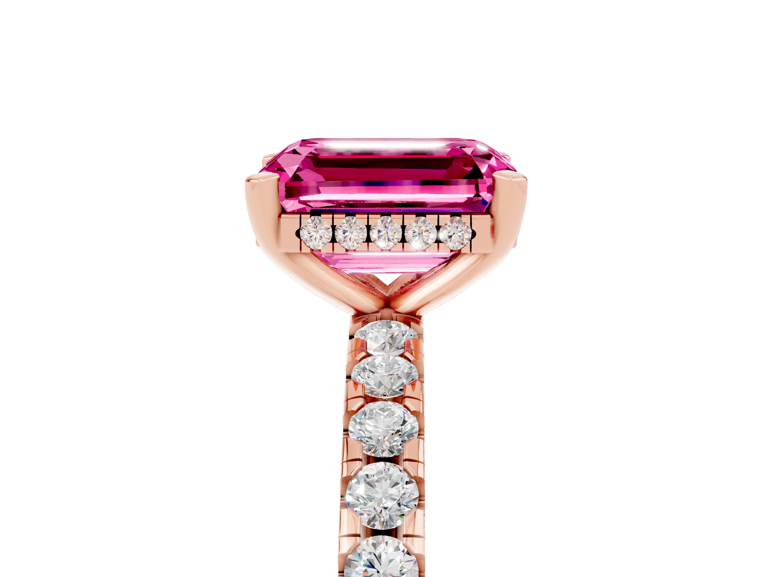 Rose gold Emerald Cut Pink Sapphire Solitaire Ring with Pavé Band and Four-Prong Setting_65