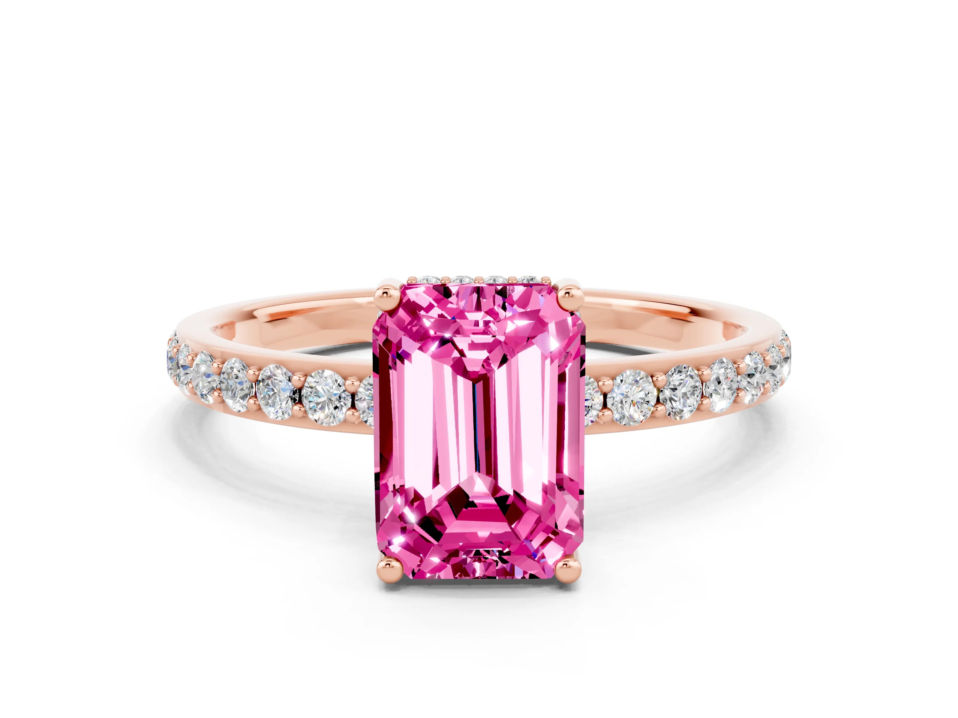 Rose gold Emerald Cut Pink Sapphire Solitaire Ring with Pavé Band and Hidden Halo_12