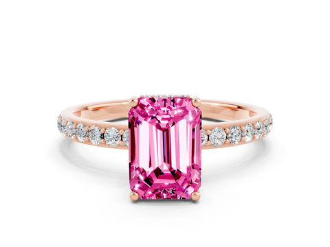 Rose gold Emerald Cut Pink Sapphire Solitaire Ring with Pavé Band and Hidden Halo_12