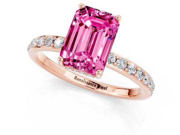 Rose gold Emerald Cut Pink Sapphire Solitaire Ring with Pavé Band and Hidden Halo