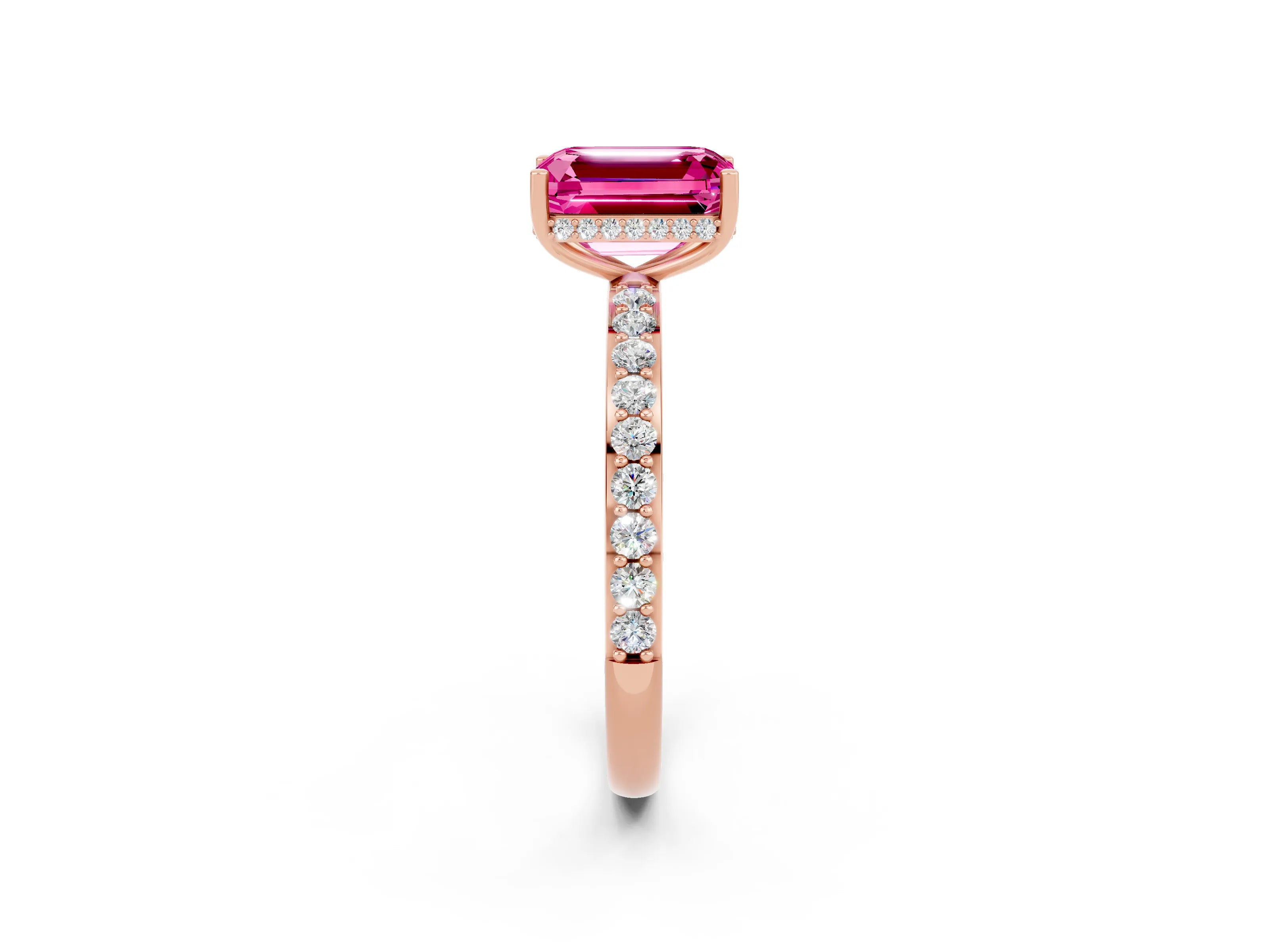 Rose gold Emerald Cut Pink Sapphire Solitaire Ring with Pavé Band and Hidden Halo_14