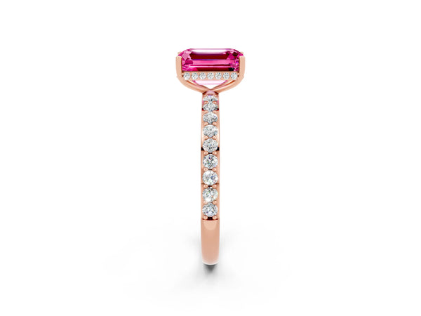 Rose gold Emerald Cut Pink Sapphire Solitaire Ring with Pavé Band and Hidden Halo
