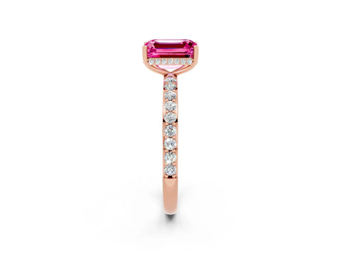 Rose gold Emerald Cut Pink Sapphire Solitaire Ring with Pavé Band and Hidden Halo_14