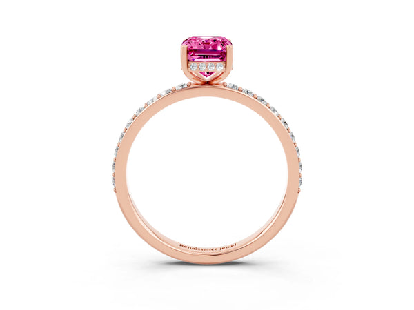 Rose gold Emerald Cut Pink Sapphire Solitaire Ring with Pavé Band and Hidden Halo