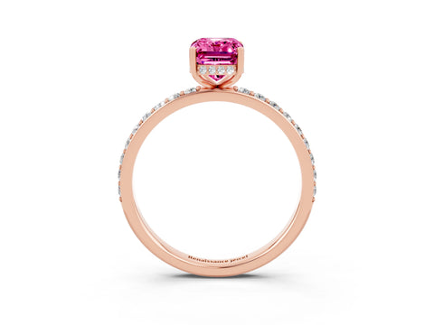 Rose gold Emerald Cut Pink Sapphire Solitaire Ring with Pavé Band and Hidden Halo_15