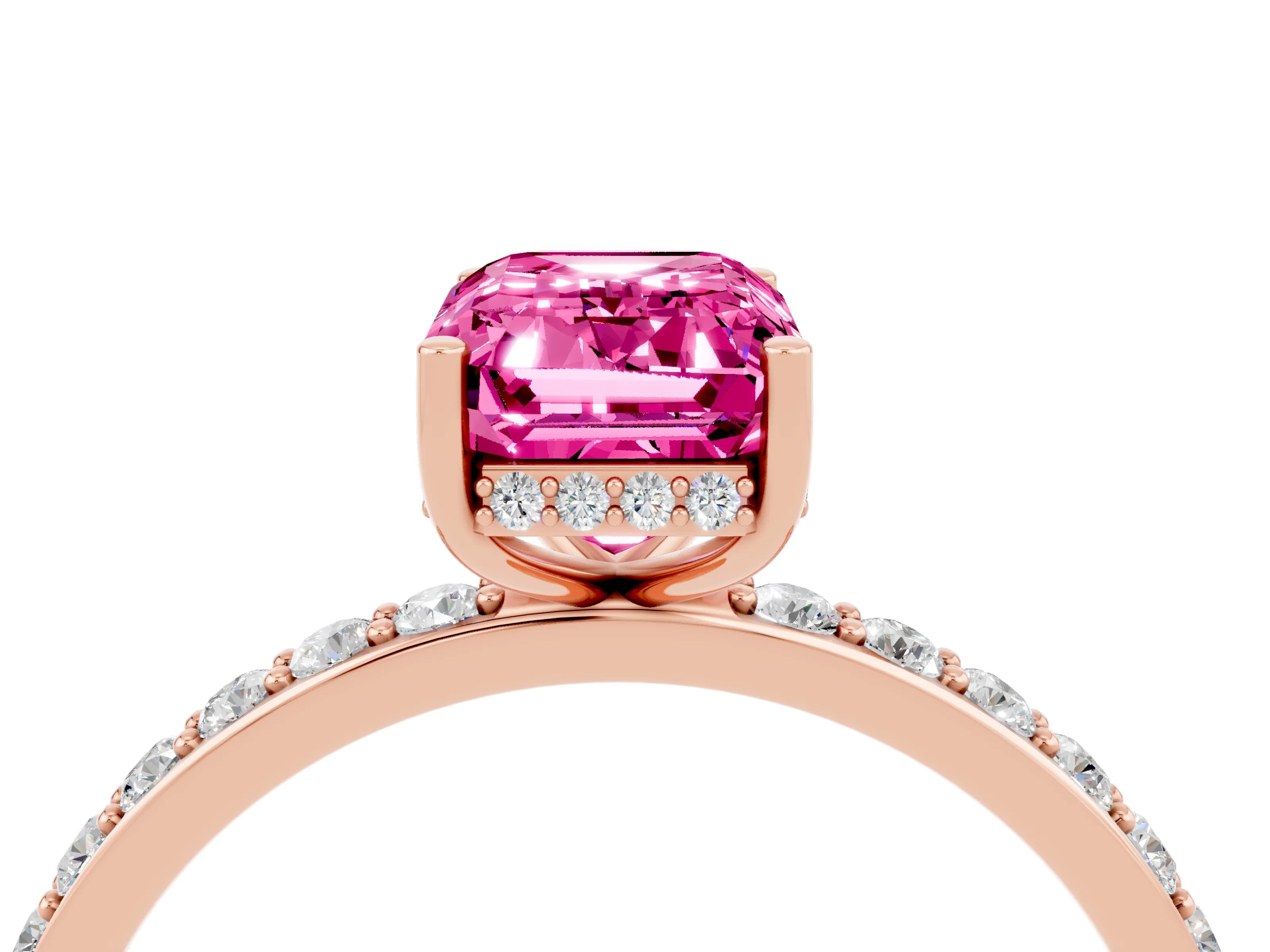 Rose gold Emerald Cut Pink Sapphire Solitaire Ring with Pavé Band and Hidden Halo_16