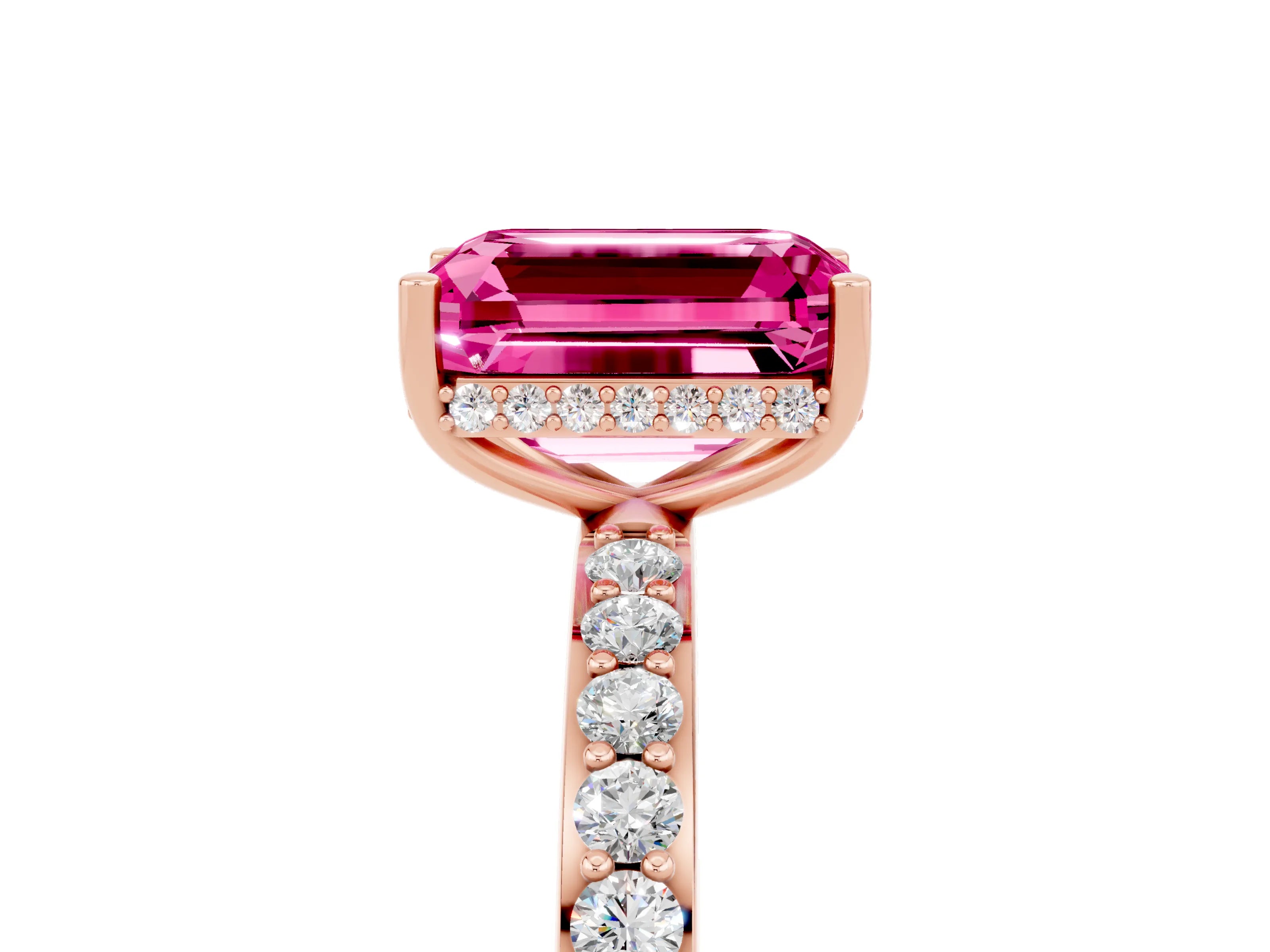 Rose gold Emerald Cut Pink Sapphire Solitaire Ring with Pavé Band and Hidden Halo_17