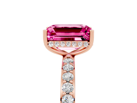 Rose gold Emerald Cut Pink Sapphire Solitaire Ring with Pavé Band and Hidden Halo_17
