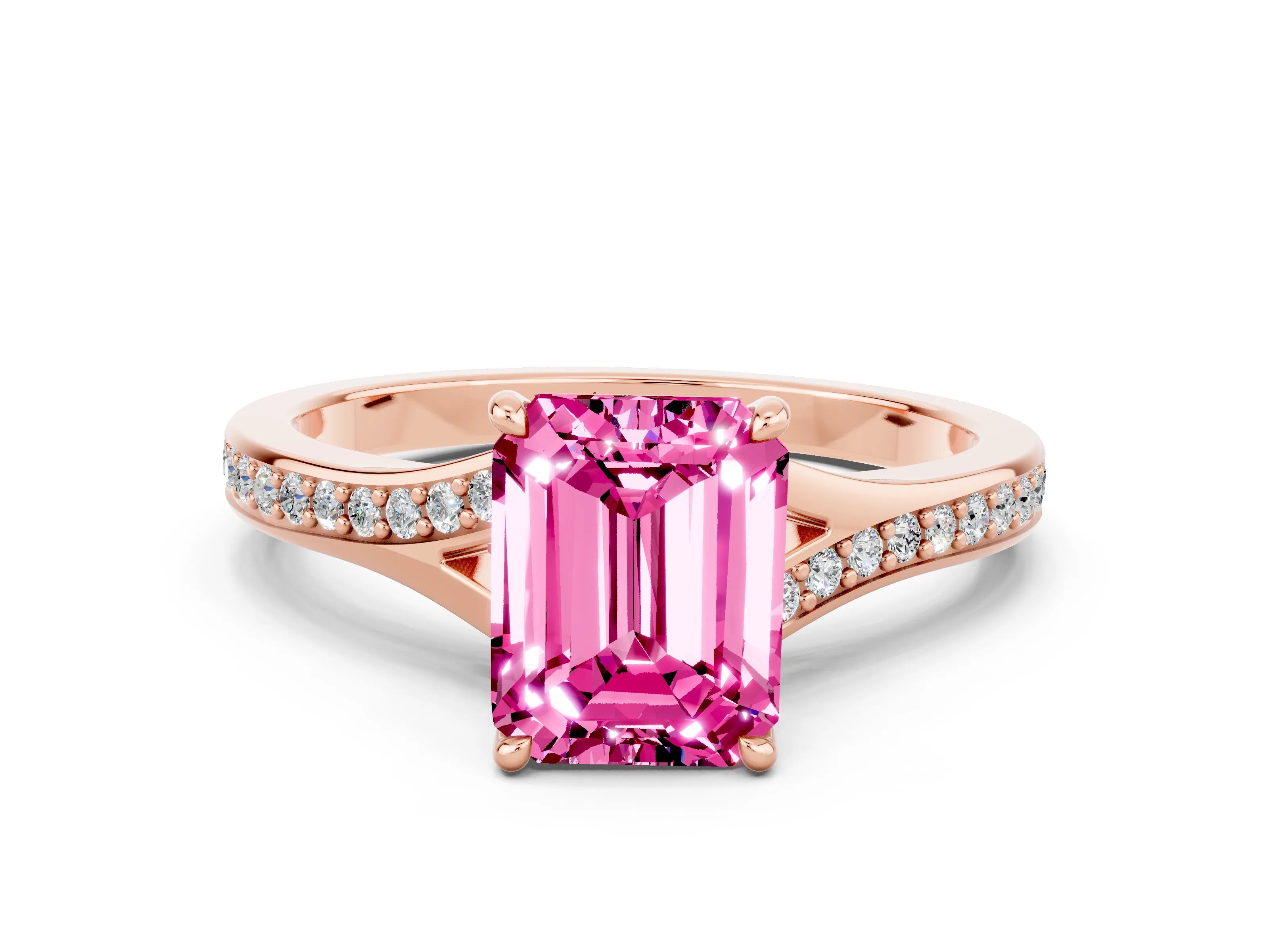Rose gold Emerald Cut Pink Sapphire Solitaire Ring with Pavé Band and Prong Setting_24