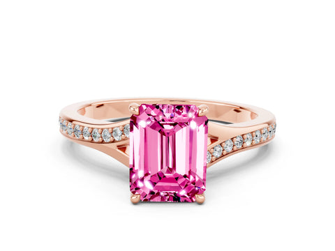 Rose gold Emerald Cut Pink Sapphire Solitaire Ring with Pavé Band and Prong Setting_24