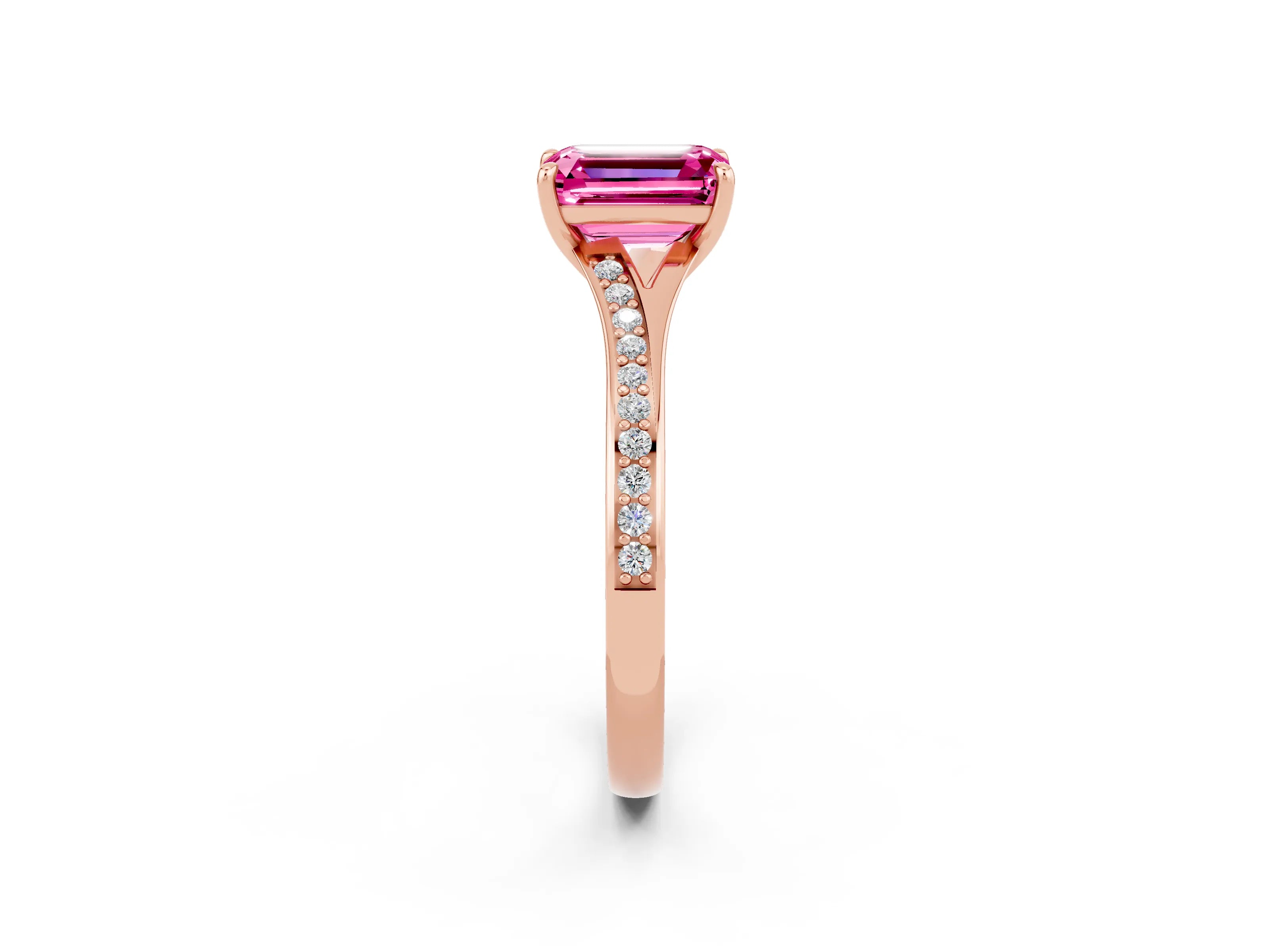 Rose gold Emerald Cut Pink Sapphire Solitaire Ring with Pavé Band and Prong Setting_26