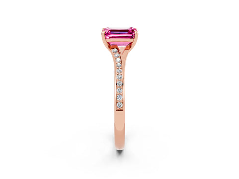 Rose gold Emerald Cut Pink Sapphire Solitaire Ring with Pavé Band and Prong Setting_26