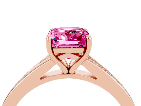 Rose gold Emerald Cut Pink Sapphire Solitaire Ring with Pavé Band and Prong Setting_28