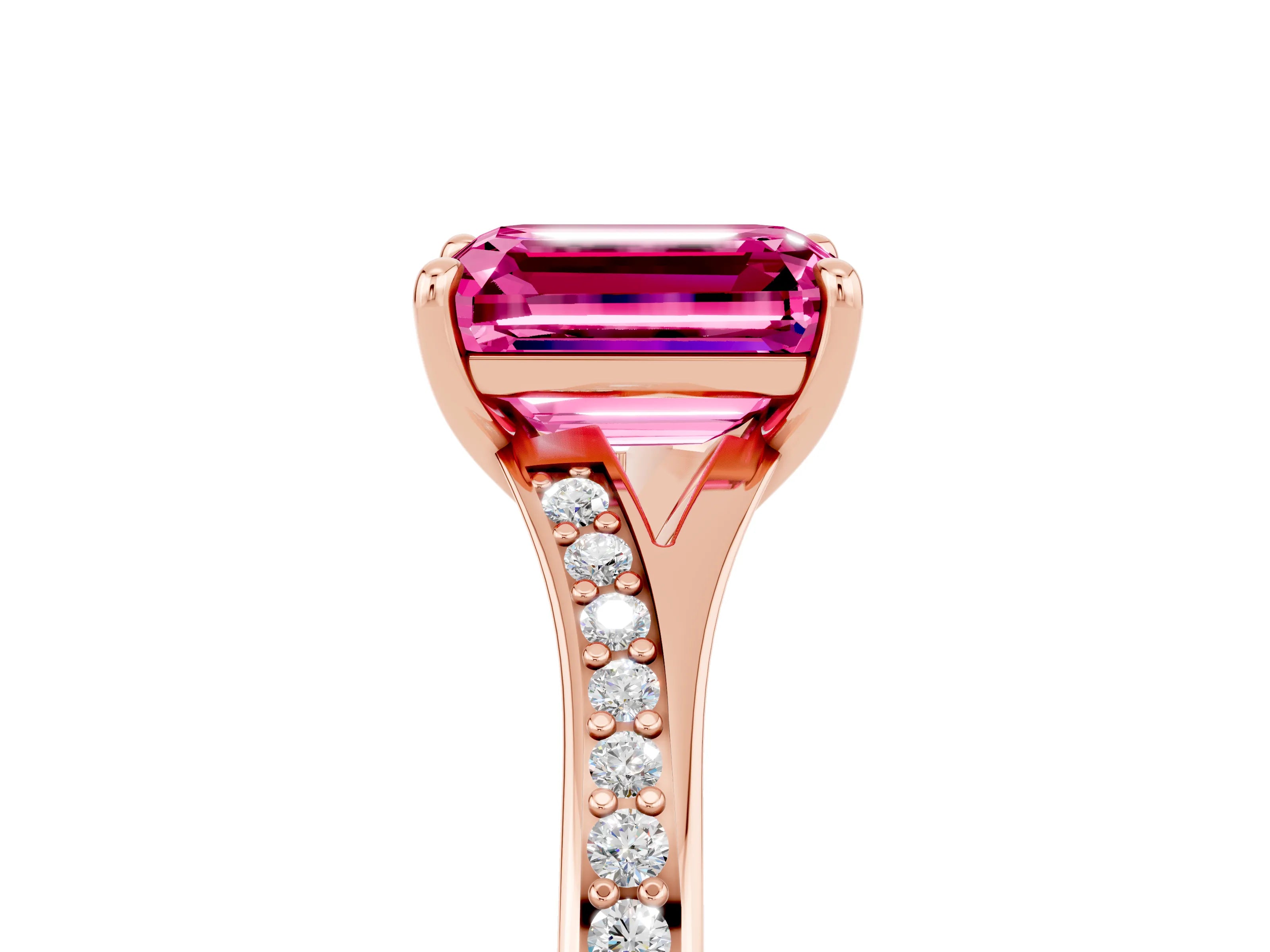Rose gold Emerald Cut Pink Sapphire Solitaire Ring with Pavé Band and Prong Setting_29