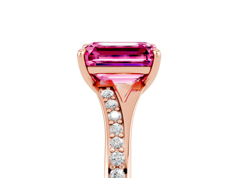 Rose gold Emerald Cut Pink Sapphire Solitaire Ring with Pavé Band and Prong Setting_29
