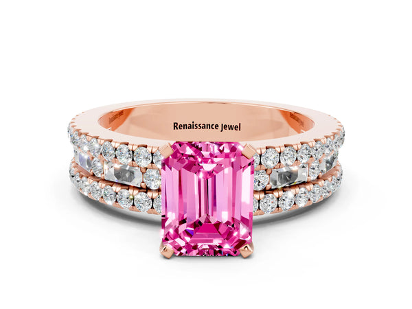 Rose gold Emerald Cut Pink Sapphire Solitaire Ring with Pavé and Channel Set Band