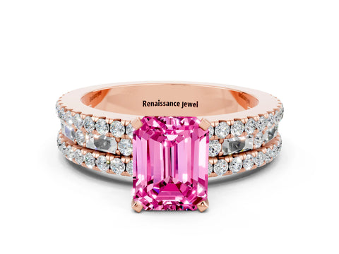 Rose gold Emerald Cut Pink Sapphire Solitaire Ring with Pavé and Channel Set Band_36