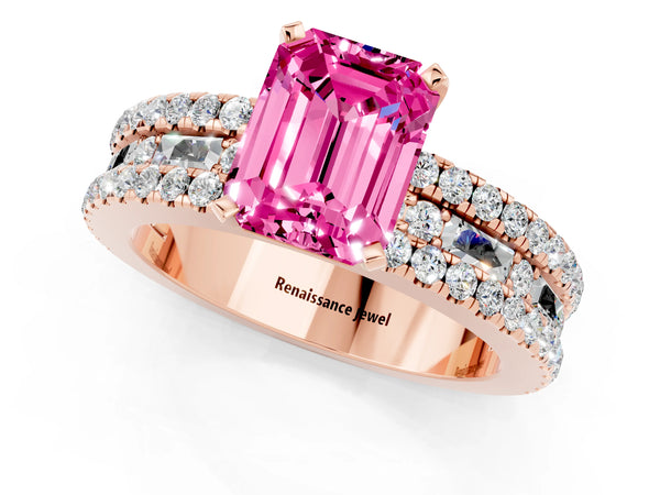 Rose gold Emerald Cut Pink Sapphire Solitaire Ring with Pavé and Channel Set Band