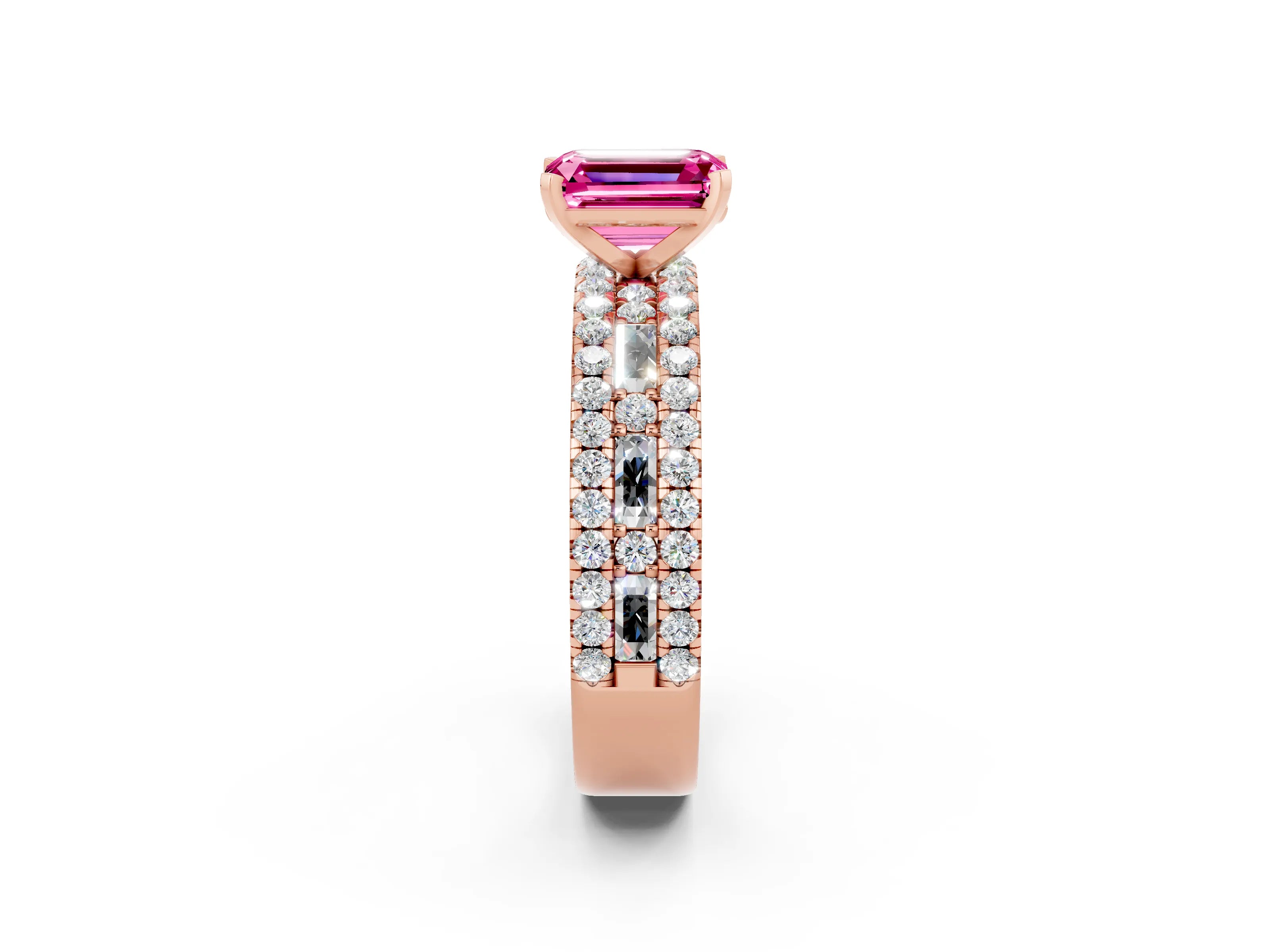 Rose gold Emerald Cut Pink Sapphire Solitaire Ring with Pavé and Channel Set Band_38