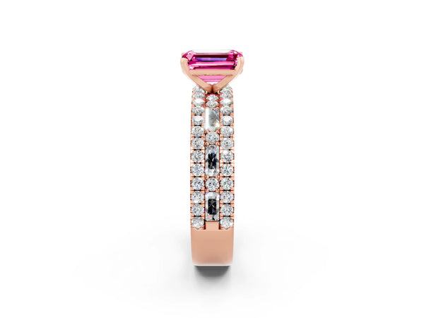 Rose gold Emerald Cut Pink Sapphire Solitaire Ring with Pavé and Channel Set Band