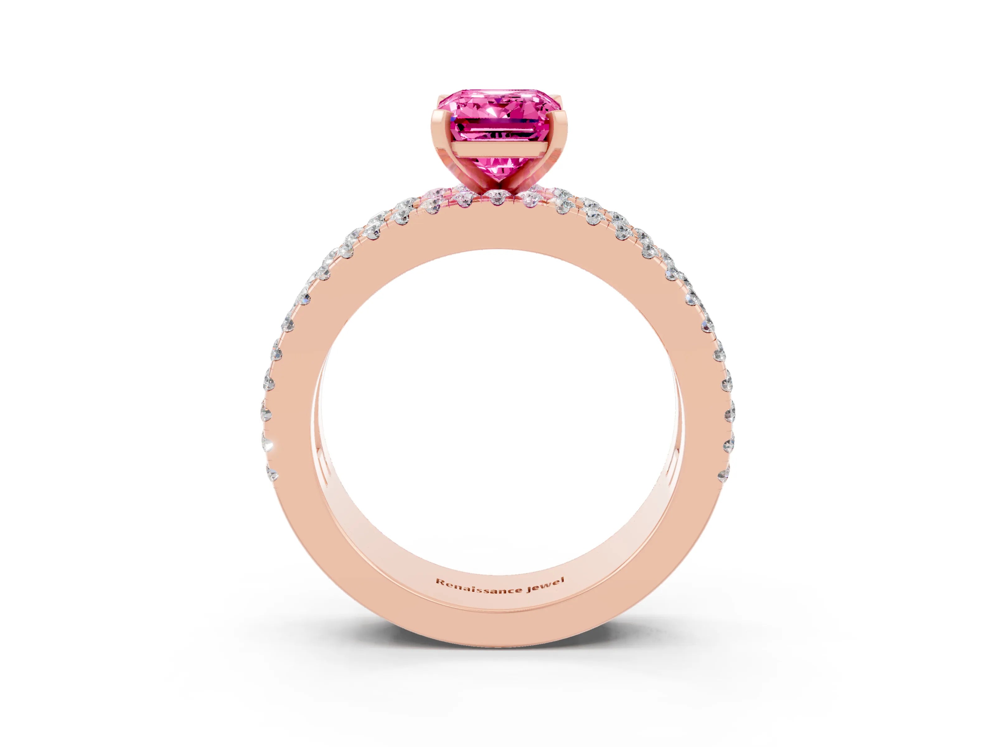 Rose gold Emerald Cut Pink Sapphire Solitaire Ring with Pavé and Channel Set Band_39