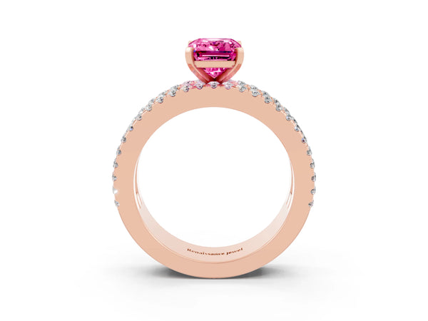 Rose gold Emerald Cut Pink Sapphire Solitaire Ring with Pavé and Channel Set Band