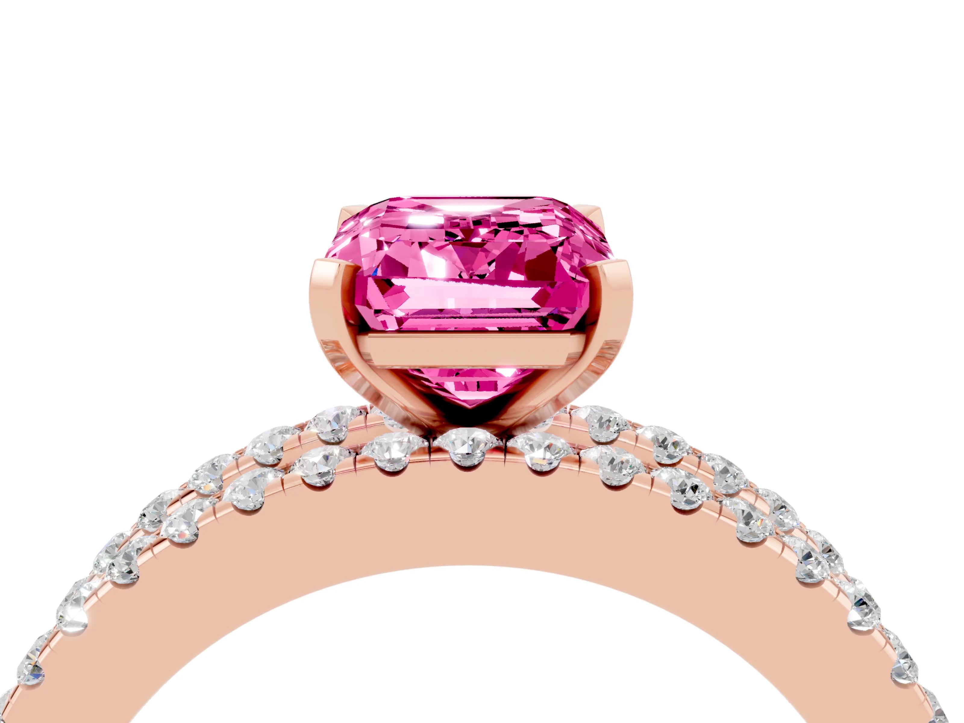 Rose gold Emerald Cut Pink Sapphire Solitaire Ring with Pavé and Channel Set Band_40