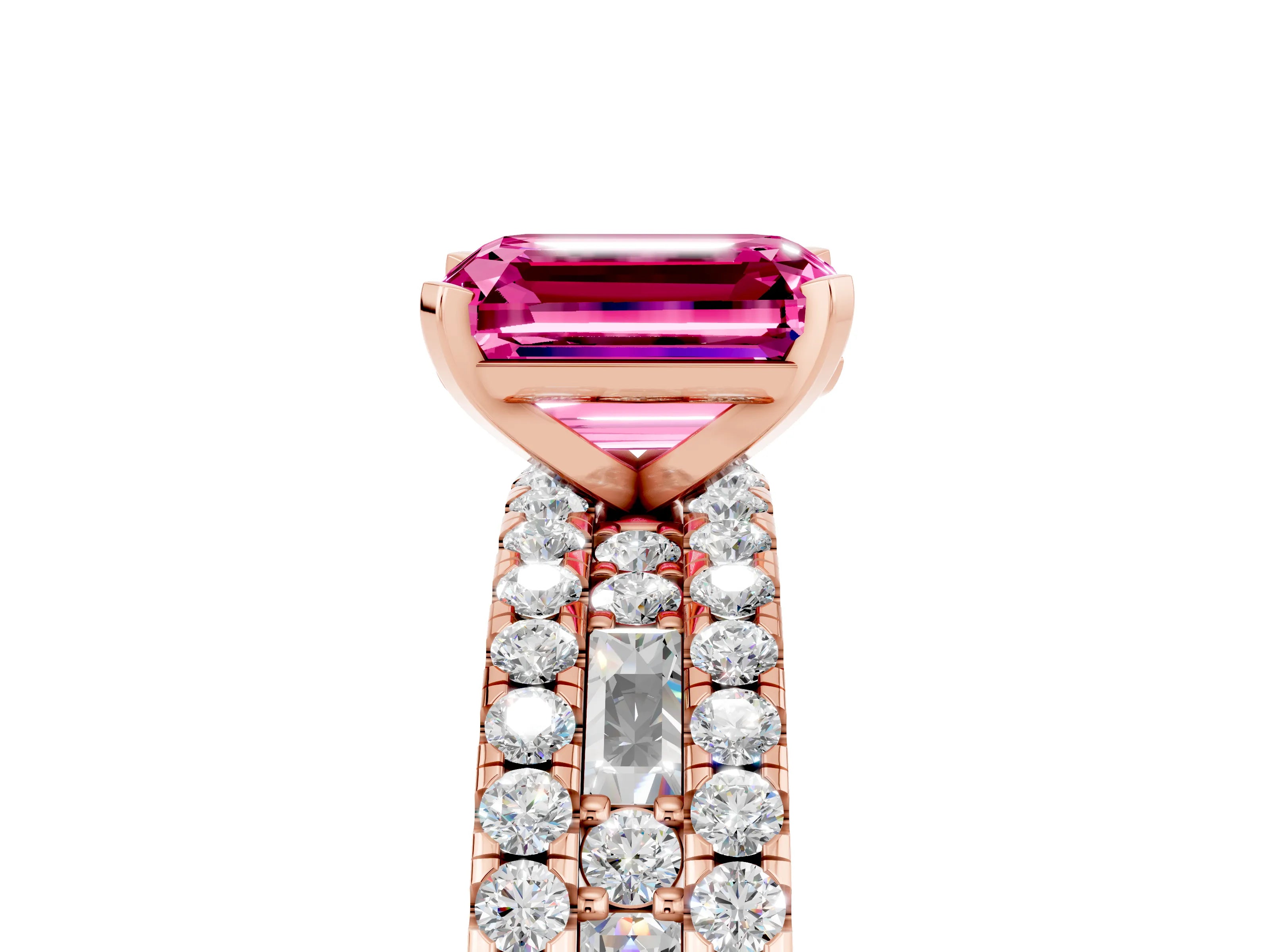 Rose gold Emerald Cut Pink Sapphire Solitaire Ring with Pavé and Channel Set Band_41