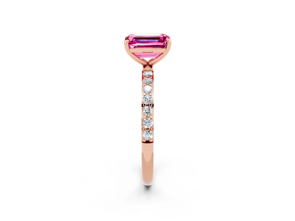 Rose gold Emerald Cut Pink Sapphire Solitaire Ring with Round  Pavé Band and Prong Setting