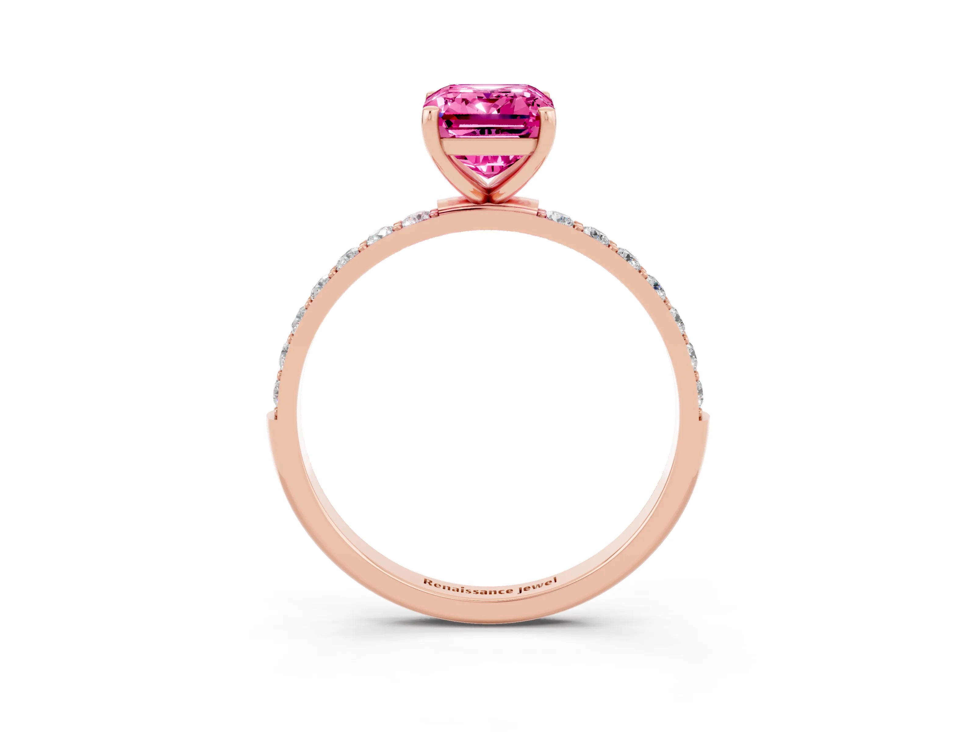Rose gold Emerald Cut Pink Sapphire Solitaire Ring with Pave Band and Four Prong Setting_51