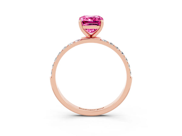 Rose gold Emerald Cut Pink Sapphire Solitaire Ring with Round  Pavé Band and Prong Setting