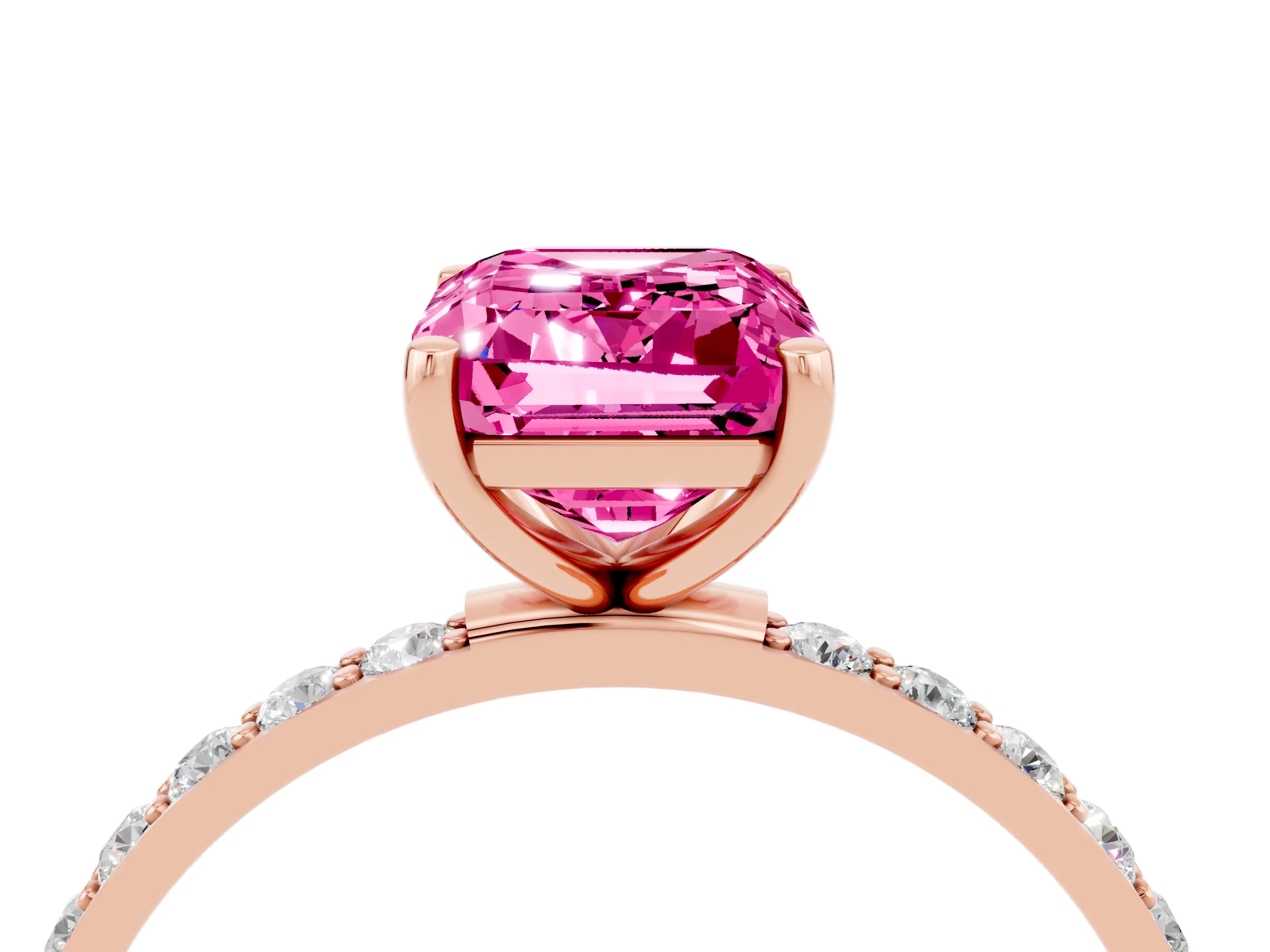 Rose gold Emerald Cut Pink Sapphire Solitaire Ring with Pave Band and Four Prong Setting_52
