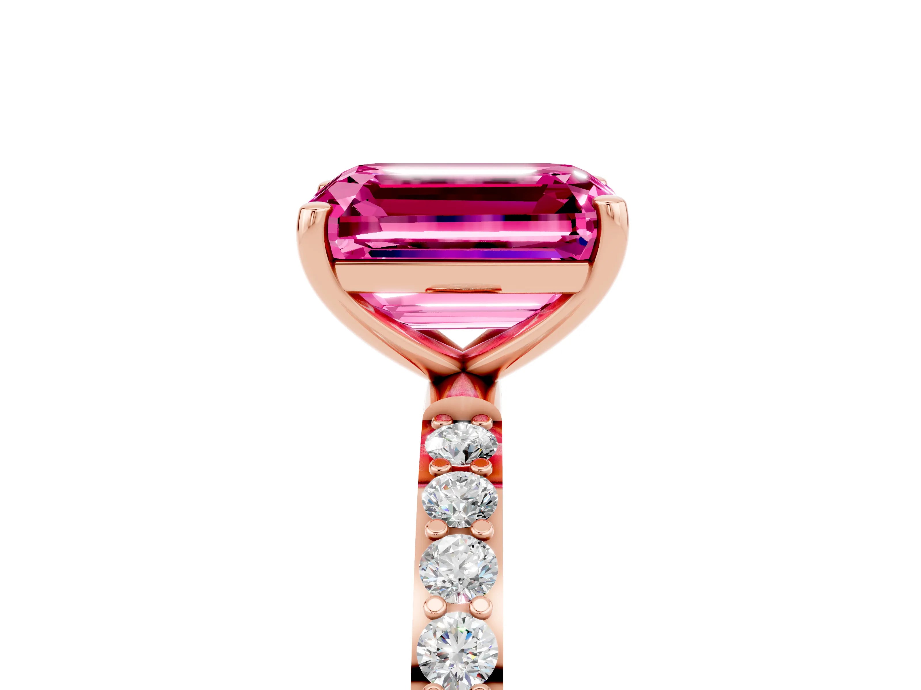 Rose gold Emerald Cut Pink Sapphire Solitaire Ring with Pave Band and Four Prong Setting_53